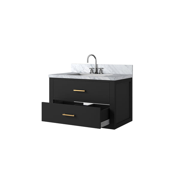 English Elm Black Single Bath Vanity With Elegant Carrara Marble Top & Chrome Faucet - Stylish Storage Solution! B2731P257917