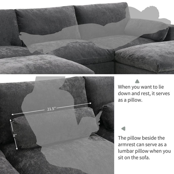 English Elm 86.5'' Chenille Modular Sectional Sofa with Storage Pockets, 5-Seat U-Shaped Cloud Sofa with Ottomans & Pillows DARK GREY N723S8723E