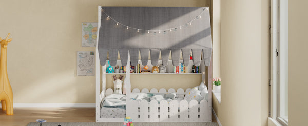 English Elm {slats Are Not Included} Twin Montessori House Floor Bed Kids Tent Lights Shelves Pinewood Frame White N708P407963K