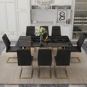 English Elm Table Set With Glass Top & Gold Stainless Steel Legs, 8 Black Pu Chairs For Modern Dining Elegance W1151S04329-GIGA
