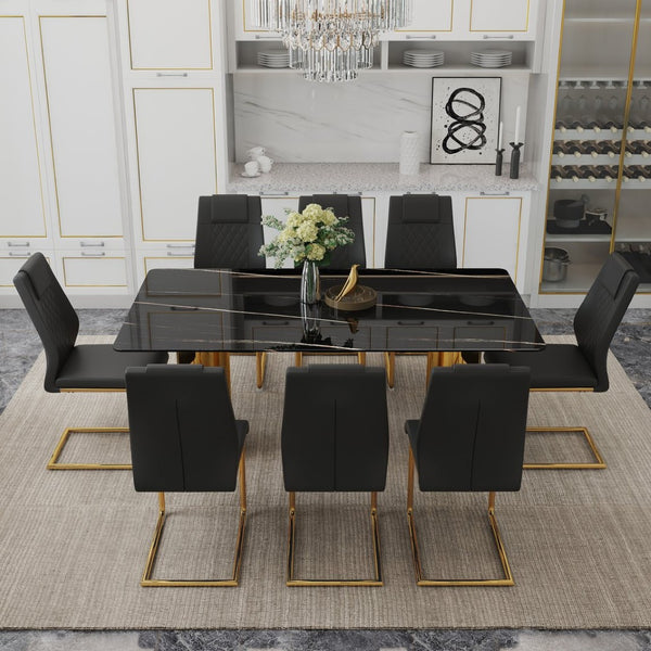 English Elm Table Set With Glass Top & Gold Stainless Steel Legs, 8 Black Pu Chairs For Modern Dining Elegance W1151S04329-GIGA