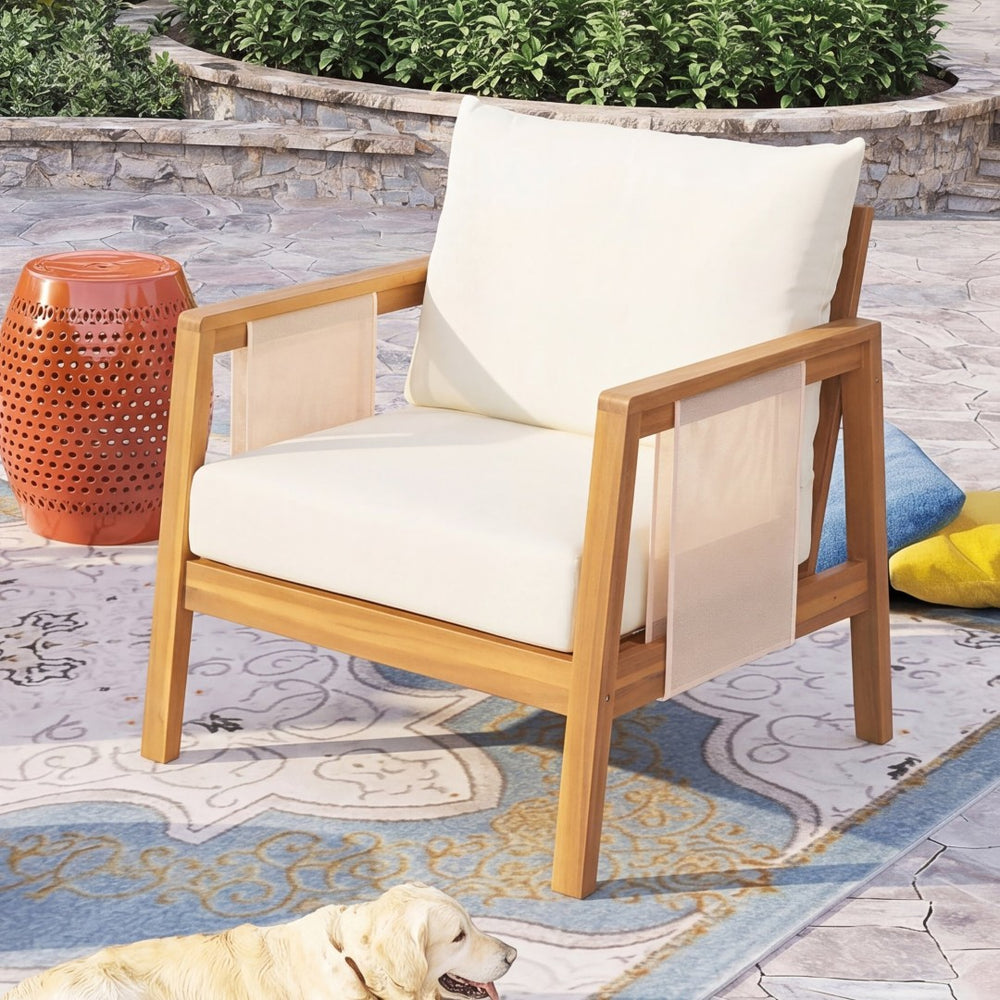 English Elm Outdoor Acacia Wood Club Chair Uv Resistant Textilene Weave Lounge Seat for Patio Deck Brown,Teak+ Beige N768P368823T
