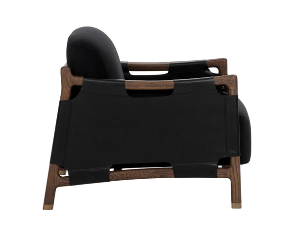 Sunpan CALLOWAY Lounge Chair - Antique Brown Oak Frame with Onyx Leather & Italian Straps for Timeless Style 112133