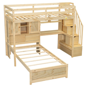 English Elm Twin Over Twin Loft Bed with Built-In Desk, Stairs, Shelving and Storage Headboard for Space-Saving Rooms Natural GX000465AAN