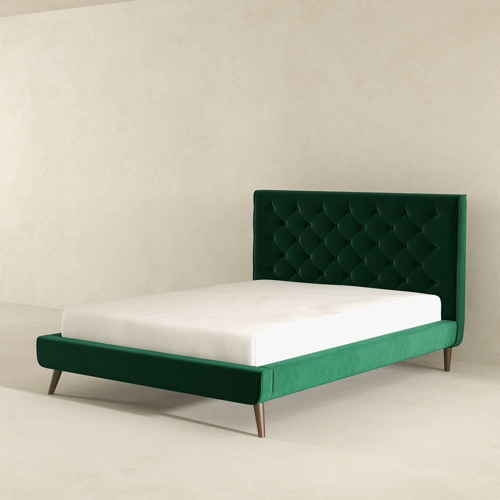 English Elm Ashcroft Furniture - Dillon Dark Green Velvet Platform Bed Queen - Mid-Century Tufted Headboard, Solid Wood Frame, No Box Spring B183S00079