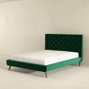 English Elm Ashcroft Furniture - Dillon Dark Green Velvet Platform Bed Queen - Mid-Century Tufted Headboard, Solid Wood Frame, No Box Spring B183S00079