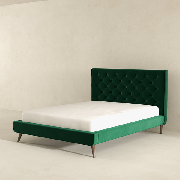 English Elm Ashcroft Furniture - Dillon Dark Green Velvet Platform Bed Queen - Mid-Century Tufted Headboard, Solid Wood Frame, No Box Spring B183S00079