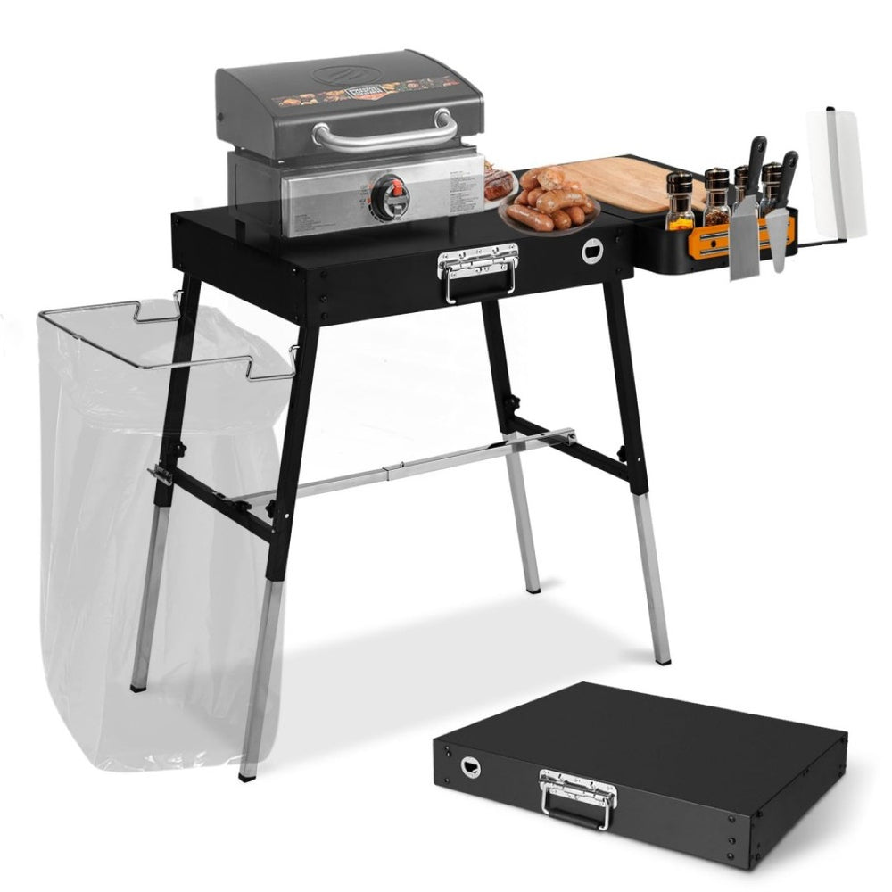 English Elm Outdoor Folding Metal Grill Station Table with Built-in Organizers and 300 Lb Capacity W2181P481715