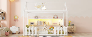 English Elm Twin House Bed with LED Light and Built-In Bookshelf, Solid Wood Playhouse Design for Kids Safety White 78.15 L x 15.75 W x 6.1 H W2593P269087