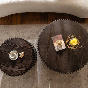 English Elm Vintage Round Nesting Coffee Tables Set of 2 — Textured Cylindrical Wood Accent Tables, Sturdy 110lb Capacity, No-Assembly Dark Brown W757P264674