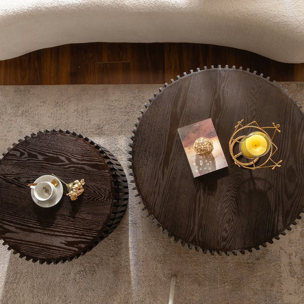 English Elm Vintage Round Nesting Coffee Tables Set of 2 — Textured Cylindrical Wood Accent Tables, Sturdy 110lb Capacity, No-Assembly Dark Brown W757P264674