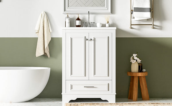 English Elm 24'' Bathroom Vanity with Ceramic Sink Combo Modern Freestanding MDF Cabinet with Soft-Close Doors and Sleek Silver Handles for Spacious Organized Bathroom Storage White N710P194893K