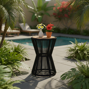 English Elm Outdoor Acacia Wood Top Side Table Woven Rope Iron Frame Hourglass Patio Accent Black,Teak N770P354691B
