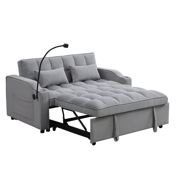 English Elm Modern Velvet Loveseat Futon Sofa with Pullout Bed, USB Ports, Adjustable Recline, Pillows, Gray W311P264374