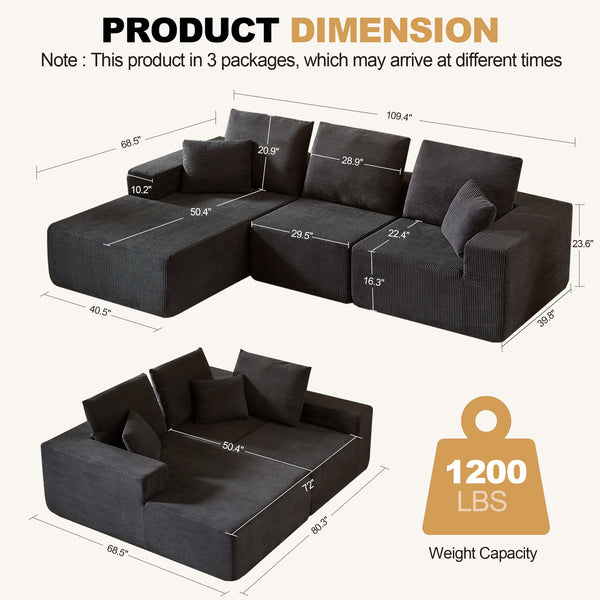 English Elm Modular Sectional Sofa With Chaise - Luxurious Cloud Couch For Living Room, Office & Bedroom Use W3434S00001