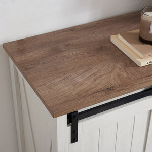 English Elm 5 Drawer Dresser with Sliding Barn Door — Farmhouse Modern MDF Chest with Metal Handle, Adjustable Shelves, Spacious Top White W2275P206613