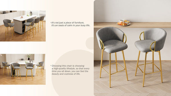 English Elm 30 Velvet Swivel Bar Chairs Set of 4 – 30" 360° Padded High Stools, Durable Metal Legs, Space-Saving Design Grey+Gold W1727S00018