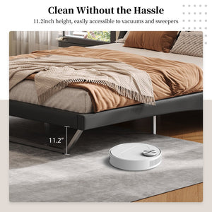 English Elm Queen Pu Leather Platform Bed Sculptural Wave Base Floating Silhouette Modern Bedroom Black N761S0000032B