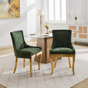 English Elm Chenille Plush Dining Chair with Curved Gold-Plated Legs, Rivet Trim, Textured Upholstery Comfort Olive Green W1143P332688