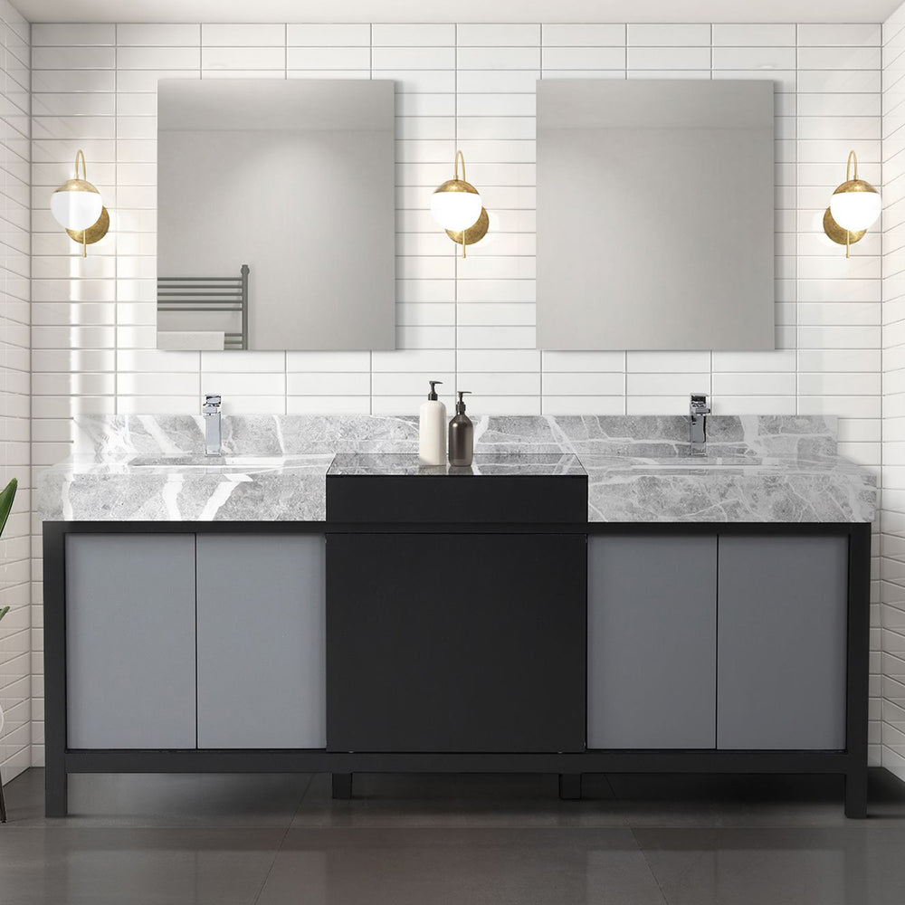 English Elm Black Double Bath Vanity 80" W With Castle Grey Marble Top & 30" Mirrors - Modern Elegance & Storage B2731S01152