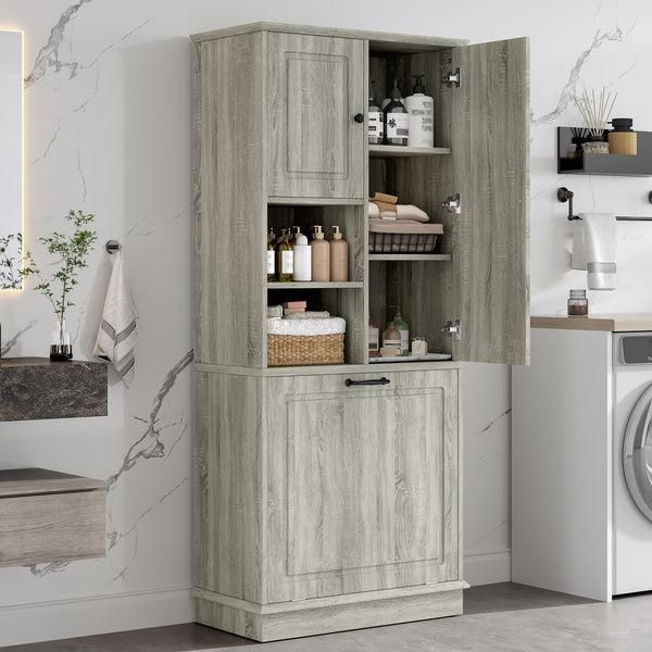 English Elm Tall Storage Cabinet with Flip-Out Basket, Adjustable Shelves & Aluminum Handles for Organized Living Oak N725P322739L