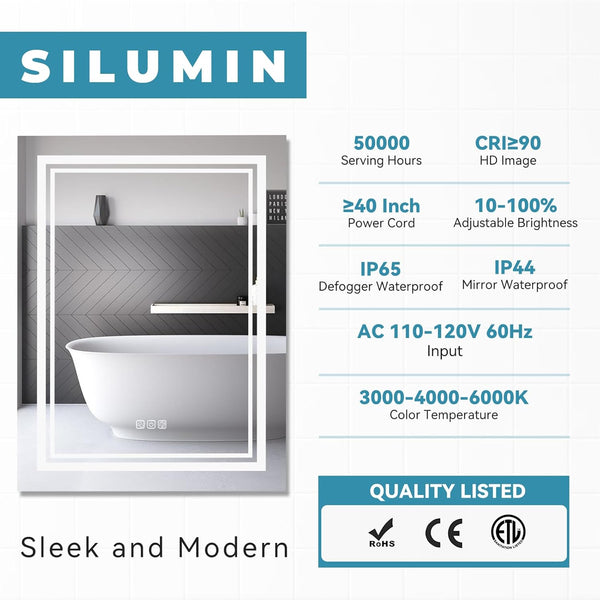 English Elm Bright LED Bathroom Mirror 40"x24" Silver Frame, 3-Color Dimmable, Quick 5-Min Defog, IP65 Rated T3177P284016