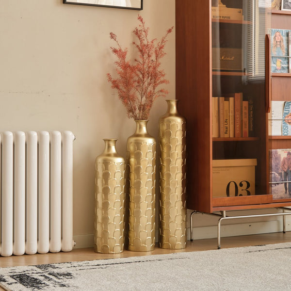 English Elm Floor Metal Vases Set Of 3 - Elegant Tall Decor With White And Gold Accents For Modern Interiors W2796P237520