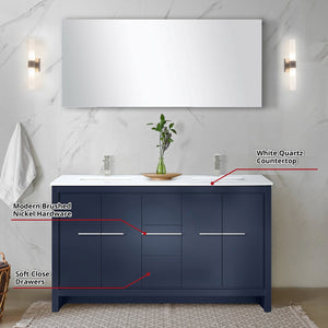 English Elm Navy Blue Double Bath Vanity 60" W With White Quartz Top, Brushed Nickel Faucet & 55" Mirror Set B2731S01722