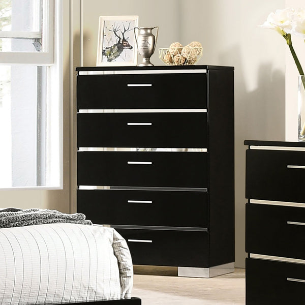 English Elm Black Sleek Chest with Gold Accents and Acrylic Trim, Dust‑Proof Drawers, Metal Bracket Legs, Modern Appeal Black 39 L x 22 W x 57 H B2741P371023