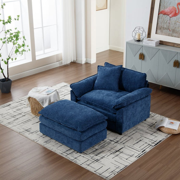 English Elm 44.5" Oversized Club Chair with Ottoman Chenille Upholstered Solid Wood Reading Seat Blue W3244S00006