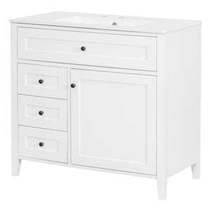 English Elm 36-Inch White Bathroom Vanity With Sink, Modern Mdf & Rubberwood, 3 Drawers & Adjustable Shelf Storage N725P350821K