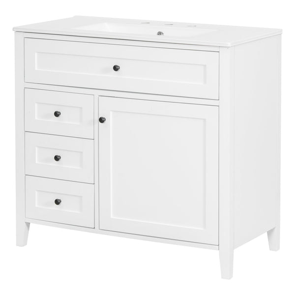 English Elm 36-Inch White Bathroom Vanity With Sink, Modern Mdf & Rubberwood, 3 Drawers & Adjustable Shelf Storage N725P350821K