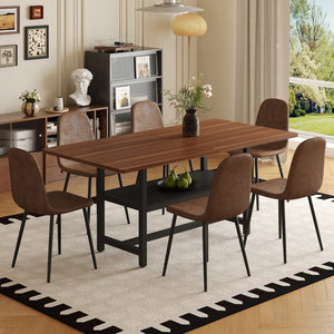 English Elm Table Set: Modern Walnut Grain Dining Table With 6 Comfortable Techno-Fabric Chairs & Storage Shelf W1151S04290-GIGA