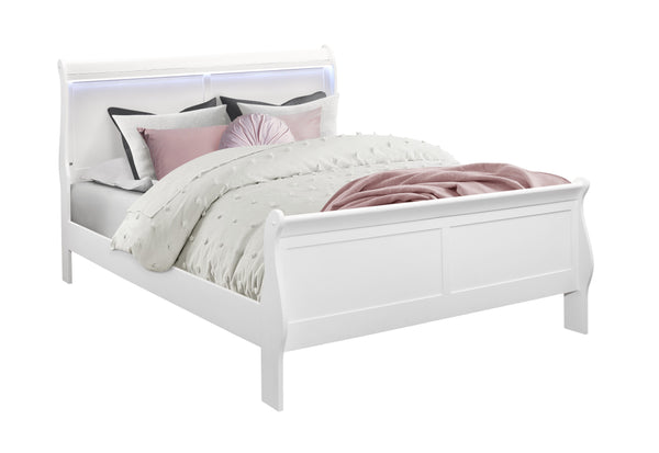 English Elm CHARLSTON Solid Wood Full Sleigh Bed with LED Headboard, Transitional Panel Design, Durable Finish White Queen B201S00008