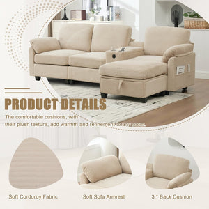 English Elm United Multifunctional L-Shaped Corduroy Sofa: 4-Seater With Usb Ports, Storage, And Comfort Features W1568S00226-GIGA