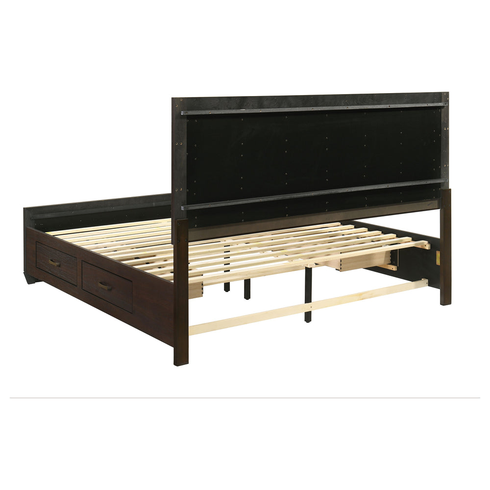 English Elm Ridgeview Dark Cocoa King Storage Panel Bed with Built-In Drawers, Slatted Ventilation & Modern Grain Finish B062S00689