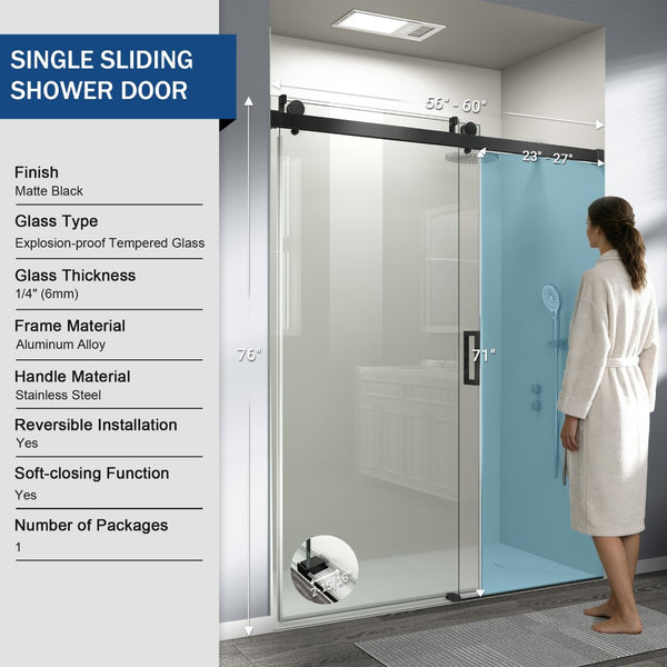 English Elm 56" Frameless Sliding Shower Door Tempered Glass Soft Close Matte Hardware Alcove Fit Matte Black W1920P385324