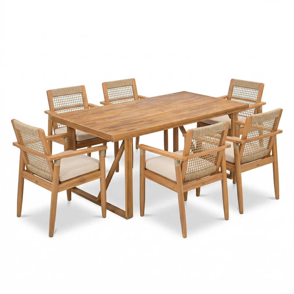 English Elm 7 Piece Acacia Wood Outdoor Dining Set Woven Rope Chairs Teak Finish Patio N762P371718D_N762P386379D6