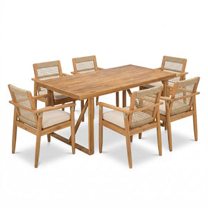 English Elm 7 Piece Acacia Wood Outdoor Dining Set Woven Rope Chairs Teak Finish Patio N762P371718D_N762P386379D6
