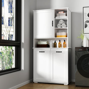 English Elm Laundry Cabinet with Tilt-Out Hampers, Adjustable Shelves, Freestanding White Storage Organizer W331S00168