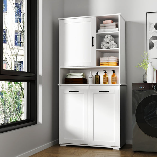 English Elm Laundry Cabinet with Tilt-Out Hampers, Adjustable Shelves, Freestanding White Storage Organizer W331S00168