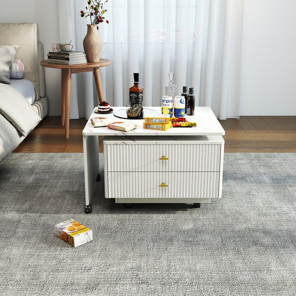 English Elm Extendable Modern Swivel Coffee Table with Marble Top, 2 Drawers, Rotating Expandable Design and Wheels W331P286652