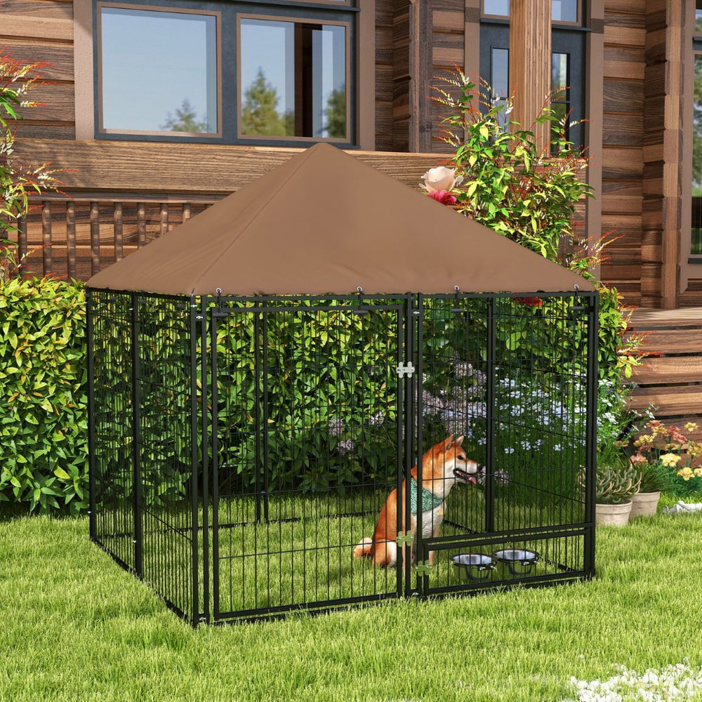 English Elm Pawhut Outdoor Steel Wire Dog Kennel with Oxford Canopy Roof and Rotating Feed Bowl W2225P173780