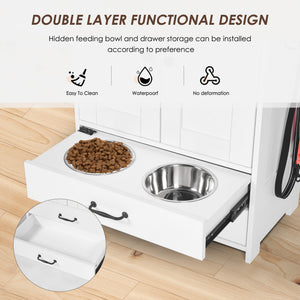 English Elm Dog feeding station with pull-out dual bowls, adjustable heights, storage locker & 3 side hooks, white W1687P270768