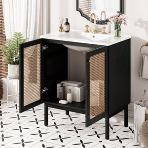 English Elm 30-inch bathroom vanity with handwoven rattan doors, ceramic sink, soft-close hinges, black bamboo elegance N729P285517B