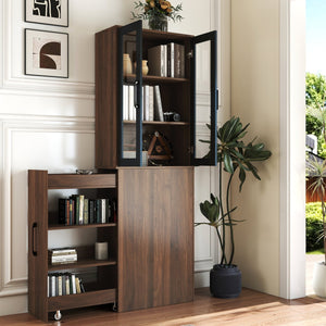 English Elm 70.87" Modern Display Storage Cabinet with 4-Tier Pull-Out Shelves, Dual Glass Doors for Home Walnut W331P295246