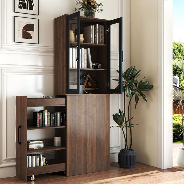 English Elm 70.87" Modern Display Storage Cabinet with 4-Tier Pull-Out Shelves, Dual Glass Doors for Home Walnut W331P295246