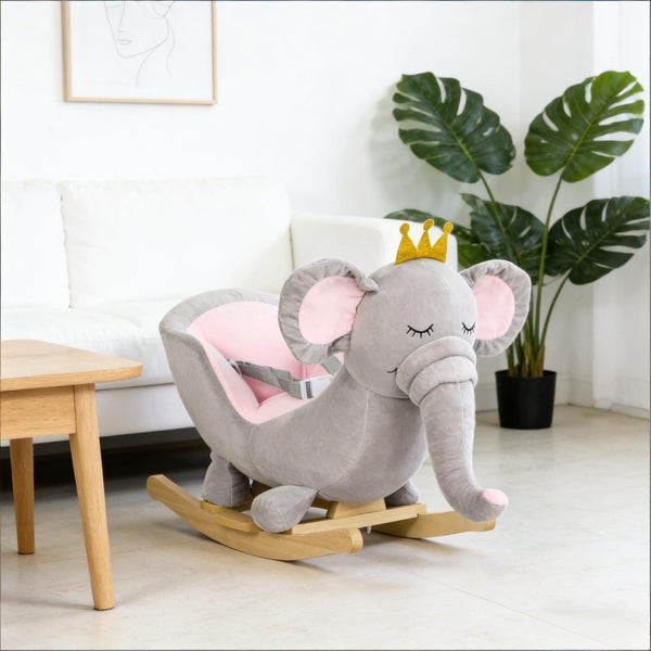 English Elm Elephant Plush Toddler Rocking Toy with Sound Effects Steel Frame and Sparkly Crown T3971P442354
