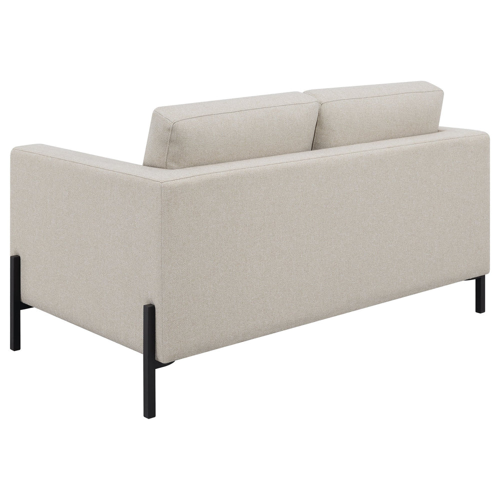 English Elm Dulcie Mid-Century Modern 2-Piece Sofa and Loveseat Set in Oatmeal Herringbone Fabric with Metal Legs, Tailored Comfort B062S01240