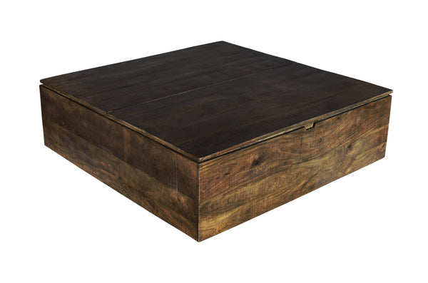English Elm Large Rustic Trunk Coffee Table Dark Coffee Solid Wood 58" Square Farmhouse Style Rustic Mango Design with Hydraulic Hinges and Magnetic Doors B024P303937